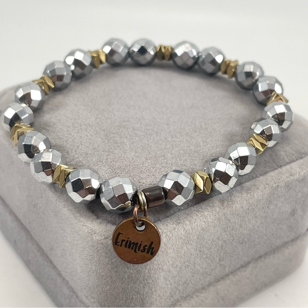 Erimish Silver and Gold Glass Faceted Beaded Stretch Bracelet